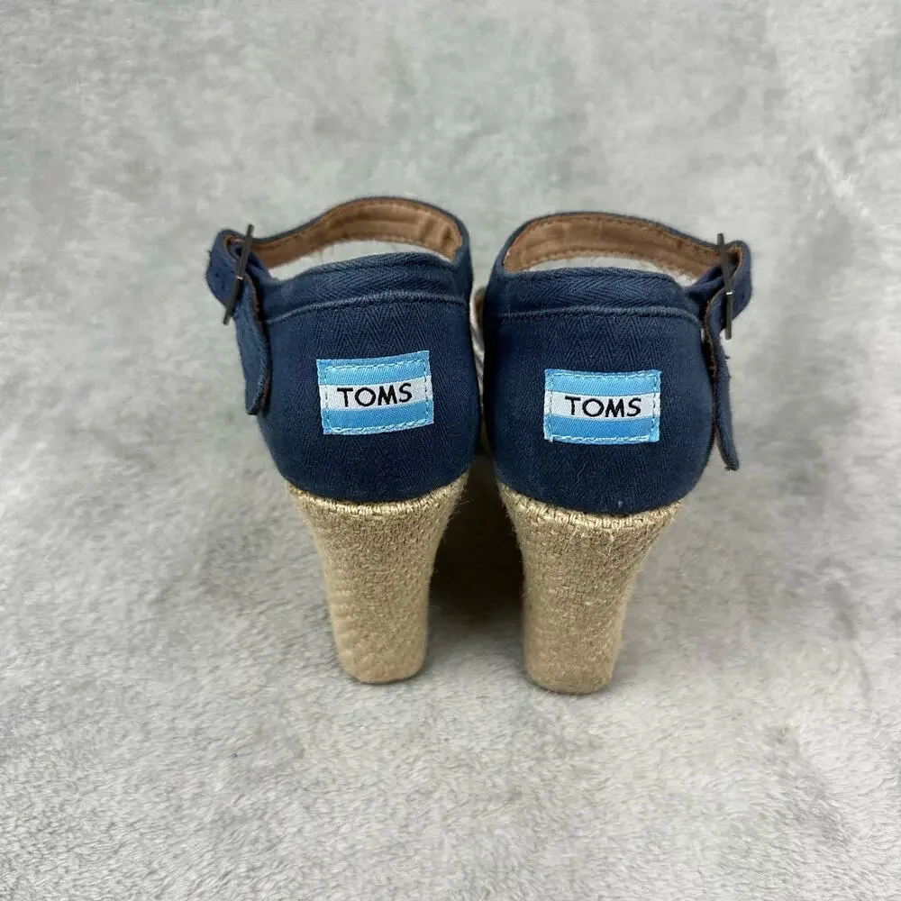 TOMS Wedge Sandals Womens 9.5‎ Navy Blue White Striped Good Espadrille Canvas